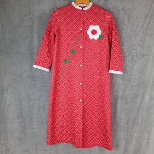 Vintage House Dress Robe 50s 60s Red Flower Groovy‎ Poly XS SMALL READ !